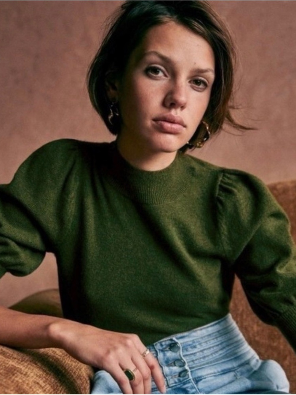 Sézane Rosie olive green puff sleeve cashmere & wool sweater, XS